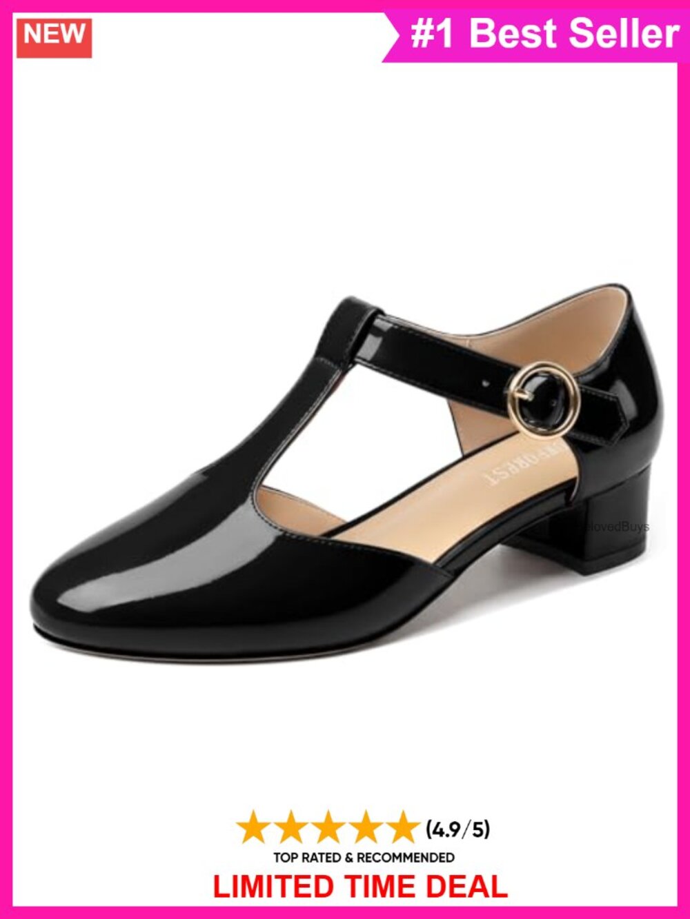 T-Strap Mary Jane Pumps Patent Leather Low Block Heel Round Toe Buckle Women's